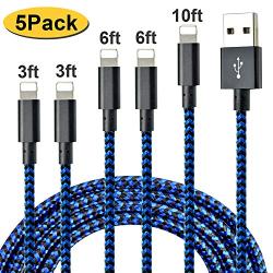 CUGUNU Nylon Braided Cable Compatible with iPhone Charger, 5 Pack[3/3/6/6/10FT] MFi Certified USB Lightning Cable Charging Cord for iPhone X/Max/11/8/7/6/6S/5/5S/SE/Plus/iPad - Black Blue