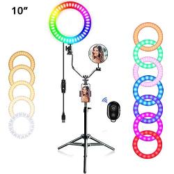 EEIEER 10" RGB Ring Light with Stand, Mini LED Dimmable Circle Light, Makeup Flash Light with Cell Phone Holder Desktop Ring Lights kit for Live Stream/Makeup/Video/Photography (Black, 10 inch)