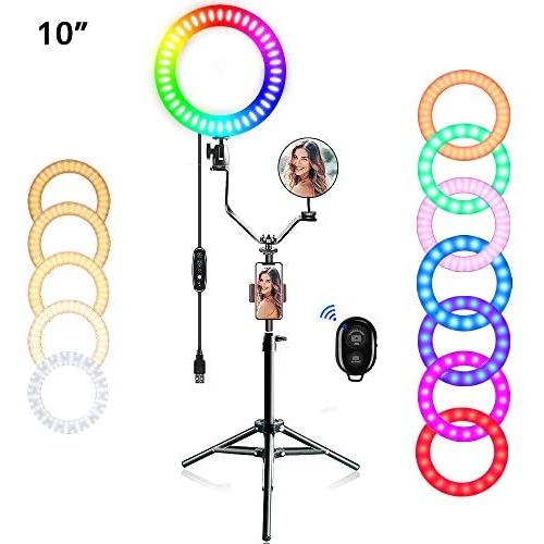 EEIEER 10" RGB Ring Light with Stand, Mini LED Dimmable Circle Light, Makeup Flash Light with Cell Phone Holder Desktop Ring Lights kit for Live Stream/Makeup/Video/Photography (Black, 10 inch)
