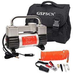 GSPSCN Silver Tire Inflator Heavy Duty Double Cylinders with Portable Bag, Metal 12V Air Compressor Pump 150PSI with Adapter for Car, Truck, SUV Tires, Dinghy, Air Bed etc