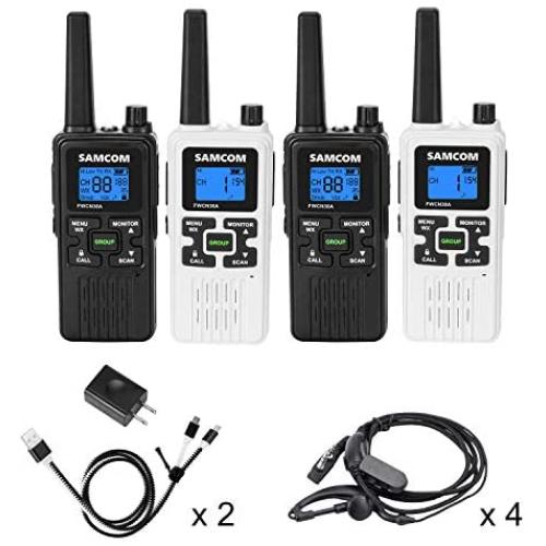 SAMCOM FWCN30A Two Way Radio 22 Channels with NOAA Weather Alert, Rechargeable Handheld FRS Long Range Walkie Talkie with Flashlight/LCD Display/Call Tone/Group (4 Packs) (Black/White)