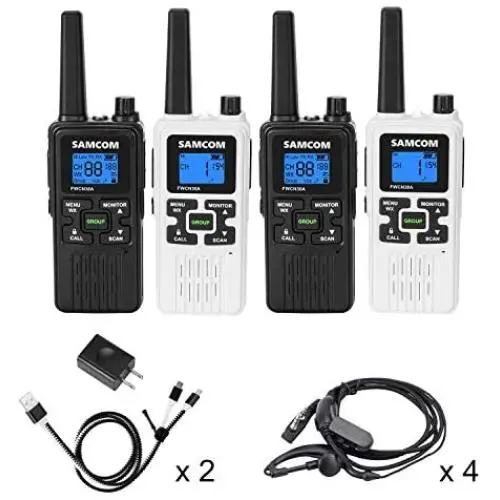 SAMCOM FWCN30A Two Way Radio 22 Channels with NOAA Weather Alert, Rechargeable Handheld FRS Long Range Walkie Talkie with Flashlight/LCD Display/Call Tone/Group (4 Packs) (Black/White) SAMCOM FWCN30A Two Way Radio 22 Channels with NOAA Weather Alert, Rechargeable Handheld FRS Long Range Walkie Talkie with Flashlight/LCD Display/Call Tone/Group (4 Packs) (Black/White)
