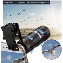 Phone Camera Lens, KNGUVTH 5 in 1 Cell Phone Lens Kit - 12X Zoom Telephoto Lens + Fisheye Lens + Super Wide Angle Lens+ Macro Lens Compatible with iPhone 11 Pro Max X XS XR/8/7/6/6s Samsung Android