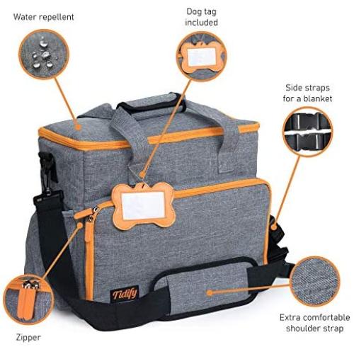 Dog Travel Bag Week Away/Overnight Accessories Organizer - Pet First Aid Pouch - Airline Approved - 2 Food Storage Containers and Collapsible Bowls - Water Resistant - for Small, Medium & Large Dogs