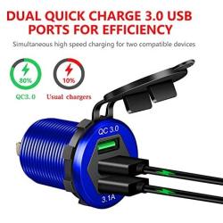 Quick Charge 3.0 Car Charger, 12V/24V 35W QC3.0/2.0 USB Charger Socket, 3 USB Charger Socket Power Outlet Fast Charge with Wire Fuse Aluminum Car Boat Marine ATV Bus Truck Golf Cart and More(Blue