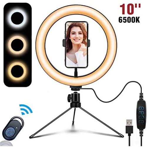 10” LED Selfie Ring Light with Tripod Stand & Phone Holder & Remote Control,Dimmable Desk Ringlight Compatible for iPhone,Android and Cameras,USB LED Lamp for Live Stream/Makeup/YouTube/TikTok