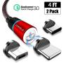 Magnetic Charging Cable, CAFELE [2-Pack 4ft] 3 in 1 Magnet Phone Charger Nylon Braided USB 3.1A Fast Charging Cord with LED Light Compatible with Micro USB, Type C, iOS Devices - Red