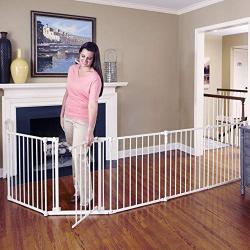 Toddleroo by North States 3 in 1 Metal Superyard: 144" long extra wide baby gate, barrier or play yard. Hardware or freestanding. 6 panels, 10 sq.ft. enclosure (30" tall, Beige)