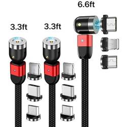 Magnetic USB Charging Cable Krsende 3in1 360°&180°Rotation Nylon Braided Cord Compatible with Mirco USB Type C Smartphone and iProduct Device-No Date Sync(3Pack/Red)