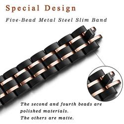STIROLL Thin Replacement Band Compatible for Apple Watch 38mm 40mm 42mm 44mm, Stainless Steel Metal Wristband Women Men for iWatch 5/4/3/2/1 (Black+Rose Gold, 42mm/44mm)