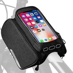 WOTOW Bike Frame Pannier Cell Phone Bag, Bicycle Front Top Tube Touchscreen Rain Proof Bag Rack Mountain Road Cycling Pack Double Pouch Mount Phone Bags for Smartphone