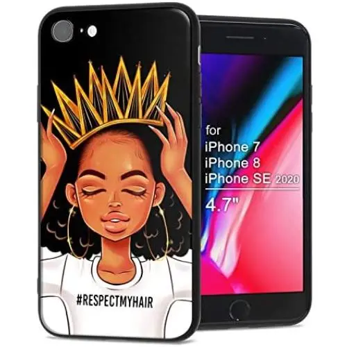 XIX Apple iPhone 7 Case Apple iPhone 8 Case Apple iPhone SE 2020 case African American Afro Girls Women Slim Fit Shockproof Bumper Cell Phone Accessories Thin Soft Black TPU Protective (09)