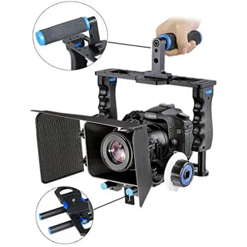 Aluminum Alloy Camera Movie Video Cage Kit Film Making System Includes (1) Video Cage+(1) Top Handle Grip+(2) 15mm Rod+(1) Matte Box+(1) Follow Focus Compatible with DSLR Camera Canon Nikon Sony