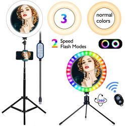 10.2" Ring Light/RGB Dimmable Colorful Discoloration/Disco Flash/Makeup Mirror Light with Two Tripod Stand & Cell Phone Holder,for YouTube Video,Live Stream Stage Party Selfie Ring Light