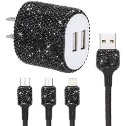 SAVORI Dual USB Wall Charger, Bling Rhinestones Wall Charger Plug Power Adapter with USB 3-in-1 Multi Charging Cable Compatible with iPhone iPad Android Type C Phones (Black)