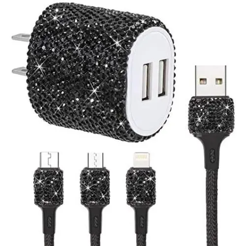 SAVORI Dual USB Wall Charger, Bling Rhinestones Wall Charger Plug Power Adapter with USB 3-in-1 Multi Charging Cable Compatible with iPhone iPad Android Type C Phones (Black) SAVORI Dual USB Wall Charger, Bling Rhinestones Wall Charger Plug Power Adapter with USB 3-in-1 Multi Charging Cable Compatible with iPhone iPad Android Type C Phones (Black)