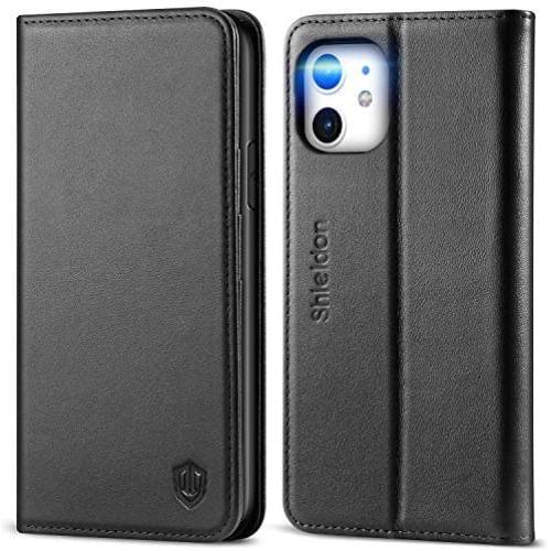 SHIELDON iPhone 11 Case, iPhone 11 Wallet Case, Genuine Leather Magnetic Cover Kickstand RFID Blocking Card Slot with TPU Shockproof Protective Cover Compatible with iPhone 11 (6.1 Inch, 2019) - Black
