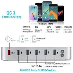 COSOOS Fastest Charging Station with Quick Charge 3.0, 6 Phone Charger Cables(3 Type),lWatch Stand,6-Port USB Charger Station,Charging Station for Multiple Devices,Tablet,Kindle(Silver,UL Certified)