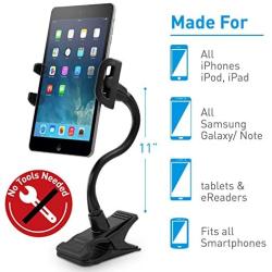 Macally Adjustable Gooseneck Tablet Holder & Phone Clip - Works with Phones & Tablets up to 8” - Flexible Phone Holder & Tablet Mount with Clip On Clamp for Desks up to 1.75” Thick (CLIPMOUNT),Black