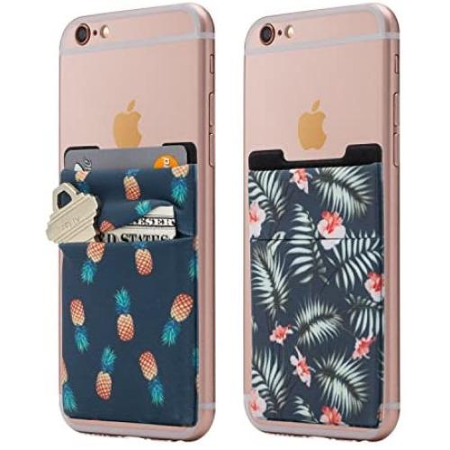 (Two) Stretchy Cell Phone Stick On Wallet Card Holder Phone Pocket for iPhone, Android and All Smartphones. (Pineapple&Palm)