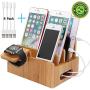 Bamboo Charging Stations for Multiple Devices, Pezin & Hulin Desk Docking Station Organizer for Cell Phone, Tablet, Watch (Include Bamboo Wood Dock Station, Watch Stand, 4 USB Charger Cables)