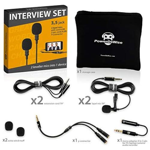 Professional Grade 2 Lavalier Lapel Microphones Set for Dual Interview - Dual Lavalier Microphone - 2 Lavalier Microphone Set - Perfect as Blogging Vlogging Interview Microphone for iPhone 6, 7, 8, X