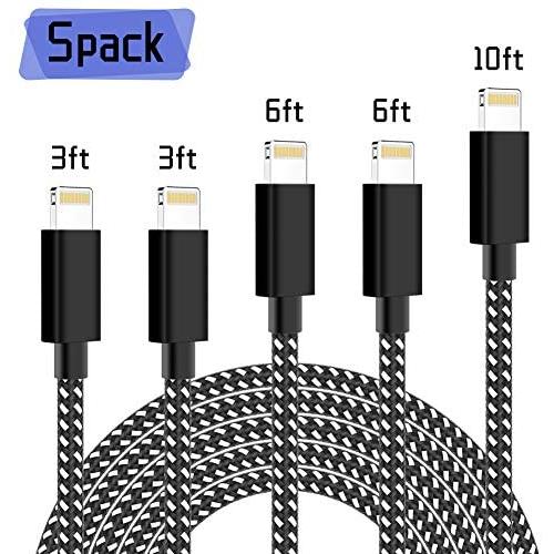 iPhone Charger,MFi Certified Lightning Cable PLmuzsz 5 Pack(3 3 6 6 10ft) Durable High-Speed Charger Nylon Braided Cord Compatible iPhone Xs/Max/XR/X/8/8Plus/7/7Plus/6S/6S Plus/SE/iPad/Nan White&Black