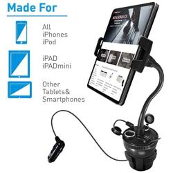 Macally Car Cup Holder Tablet Mount with Two High Powered USB Charging Ports 4.2A 21W, 2 Cigarette Lighter Sockets, 8" Long Neck, Works with Smartphones, iPad, Tablets, (MCUPPOWERTAB)