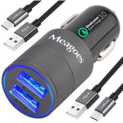 Meagoes Fast USB C Car Charger, Qualcomm Quick Charge 3.0 Port Charging Adapter Compatible for Samsung Galaxy S20 Ultra/S20 Plus/S20/S10/S10e/S9/S8, Note 10/9/8, LG Moto Phone, with 2-Pack Type C Cord