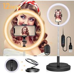 Selfie Ring Light with Stand,12 Inch Foldable LED Ring Light for Phone, 3 Light Modes & 10 Brightness Dimmable Beauty Fill Make Up Light Without Assemble for Live Stream/YouTube Video/Tiktok (Black)