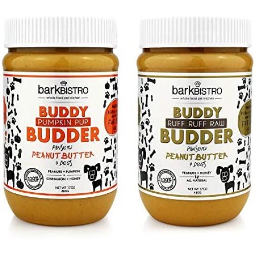 BUDDY BUDDER Bark Bistro Company, Ruff Ruff Raw + Pumpkin Pup, Dog Peanut Butter, Healthy Dog Treat, 100% Natural Dog Peanut Butter - Made in USA (Set of 2/ 16oz Jars)