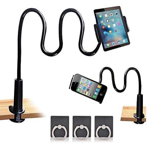 1 PCS Cellphone & Tablet Stand Holder Clip with Grip Flexible Long Arm Gooseneck Compatible with 4.7-10.5" Tablet/Cell Phone and More +3 PCS Cell Phone Ring Holder Finger Kickstand (Black)