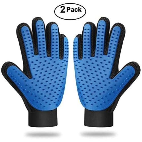 xjzx [Upgrade Version 2PCS Pet Grooming Glove - Gentle Deshedding Brush Glove - Efficient Pet Hair Remover Mitt - Massage Tool with Enhanced Five Finger Design - Perfect for Dogs & Cats, Blue