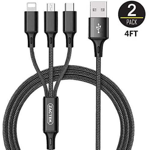 2Pack Multi USB Cable-ZACTEK-3 in 1 Charger Cable Nylon Braided 4ft (1.2M) Alluminum Connector USB Charging Cable for Mobile Phones Tablets and More