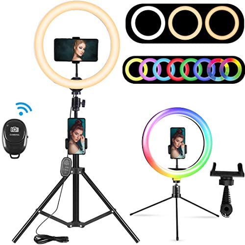 10.2" RGB Selfie Ring Light, RGB Flash Ring Light with Tripod Stand & Cell Phone Holder, LED Dimmable Desktop Beauty Selfie Light for YouTube Video, Live Stream, Makeup - for iPhone & Android