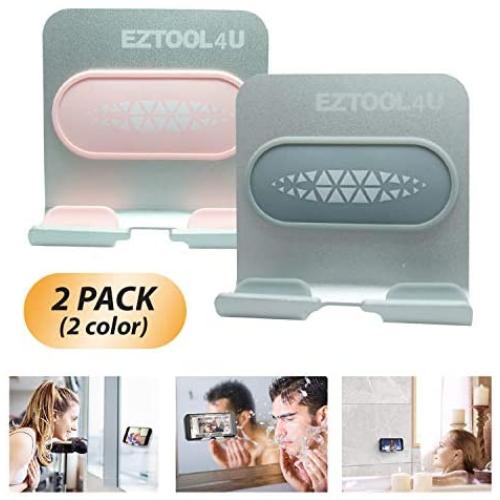 EZTOOL4U Cell Phone Stand (2Pack) - Adjustable Premium Wall Mount Aluminum Holder, Easy Adhesive Strips, Anti-Slip Base and Charging Port, Compatible with iPhone Samsung Galaxy, for Bathroom, Kitchen