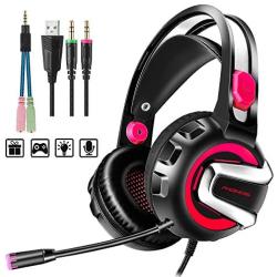 Gaming Headset with Microphone, 7.1 Stereo Surround Sound Wired Over Ear Headphone for Xbox One, PS4, PC, Laptop, Nintendo Switch and other 3.5mm devices, LED Light, Noise Isolation, Steel Frame - Red