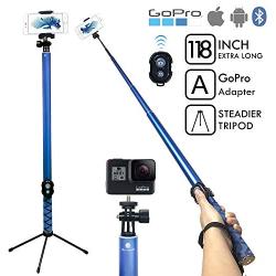 BMZX Bluetooth Long Selfie Stick- Super Length Lightweight Extendable Pole from 20 to 118 Built-in Wireless Remote Shutter Grip Holder Mount Compatible iPhone Samsung Android Cell Phone(Blue)