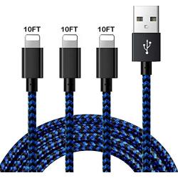 JIMROZ iPhone Charger, MFi Certified Lightning Cable 3 Pack 10ft Nylon Braided Fast Charging Sync Cord Compatible with iPhone 11 Pro Max XS XR X 8 7 6s 6 Plus 5 5s, iPad, iPod and More, BlackBlue