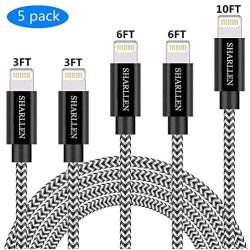 iPhone Cable 5 Pack 3FT/6FT/10FT SHARLLEN Nylon Braided Fast USB Charging&Syncing Cord Wire Lightning Charging Cable Compatible iPhone Charger 11/XS/Max/XR/X/8 Plus/8/7/7Plus/6s P/6/6P/iPad/iPod Black