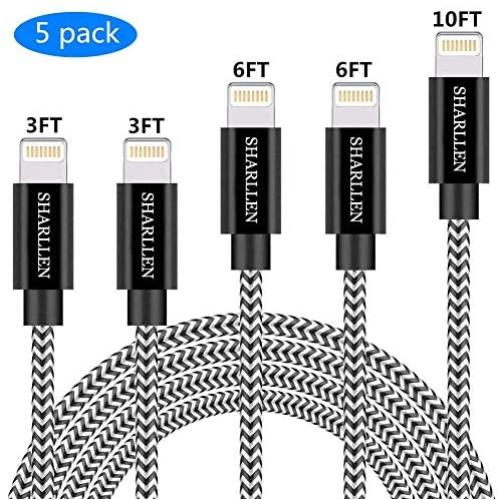 iPhone Cable 5 Pack 3FT/6FT/10FT SHARLLEN Nylon Braided Fast USB Charging&Syncing Cord Wire Lightning Charging Cable Compatible iPhone Charger 11/XS/Max/XR/X/8 Plus/8/7/7Plus/6s P/6/6P/iPad/iPod Black