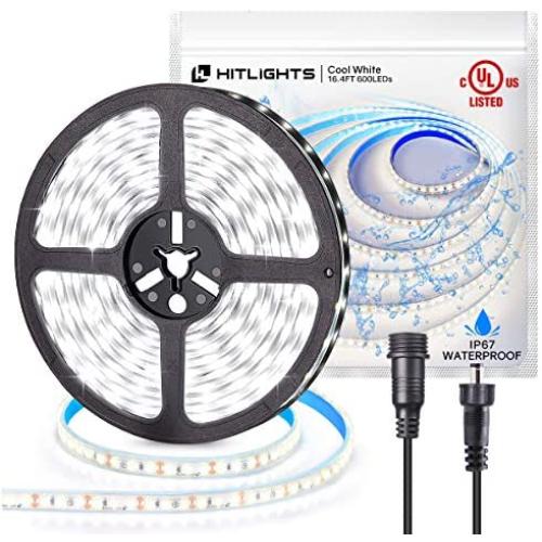 HitLights LED Strip Lights IP67 Waterproof High Density 16.4ft 5000K Cool White LED Tape Light - 600 LEDs, 12V DC 5000 Lumens per Roll UL Listed