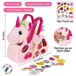 Little Jupiter Pet Plush Bag Purse Set with 18pc Removable Patch Set & Pink & Rainbow Details (Pink Unicorn) - Unicorn Stuffed Animals for Girls - Cute Unicorn Gifts - Cute Toy Plushies - Girls Toys