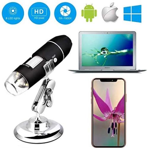 Wireless Digital WiFi USB Microscope 50X - 1000X Magnification Mini Handheld Endoscope Inspection Camera with 8 LEDs with Metal Stand, Compatible with iPhone, Android Smartphone, Mac, Windows (Black)