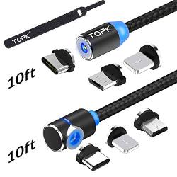 TOPK USB Magnetic Cable,Micro USB and Type C 3in1, 90 Degree Right Angle,Nylon Braided Cord,360 Magnetic Charging Cable with Led Light,(2-Pack,10ft/10ft) Magnetic Phone Charger Cable for Android