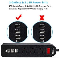 Power Strip USB, 3 USB Ports(5V/2.4Ax3) with 3 AC Outlets,Power Outlet with USB Charger,5ft Heavy Duty Extension Cord for PC Tablets Phones Desktop Home Office School,Cruise,Black by AICODE