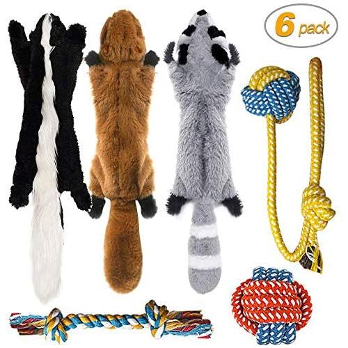 Peteast-3 Squeaky Toys and 3 Rope Dog Toys, No Stuffing Squeaky Plush Fox Raccoon Squirrel, Puppy Chew Teething Rope Toys Set for S/M/L Dogs Pets Animals