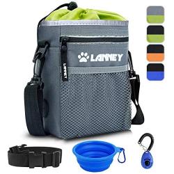 LANNEY Dog Treat Pouch Pet Training Bag for Small to Large Dogs, Treat Tote Carry Kibble Snacks Toys for Training Reward Walking, Metal Clip, Waist Belt, Shoulder Strap, Poop Bag Dispenser