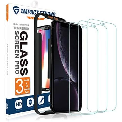 ImpactStrong iPhone XR Glass Screen Protector (3-Pack) Anti-Scratch Tempered Glass Film with Easy Installation Tool [Case Friendly] for Apple iPhone XR - 3 Pack