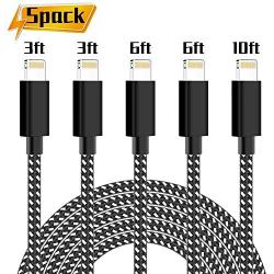 PLmuzsz iPhone Charger,MFi Certified Lightning Cable 5 Pack(3+3+6+6+10ft) Durable High-Speed Charger Nylon Braided Cord Compatible iPhone Xs/Max/XR/X/8/8Plus/7/7Plus/6S/6S Plus/SE/iPad/Nan Black&White